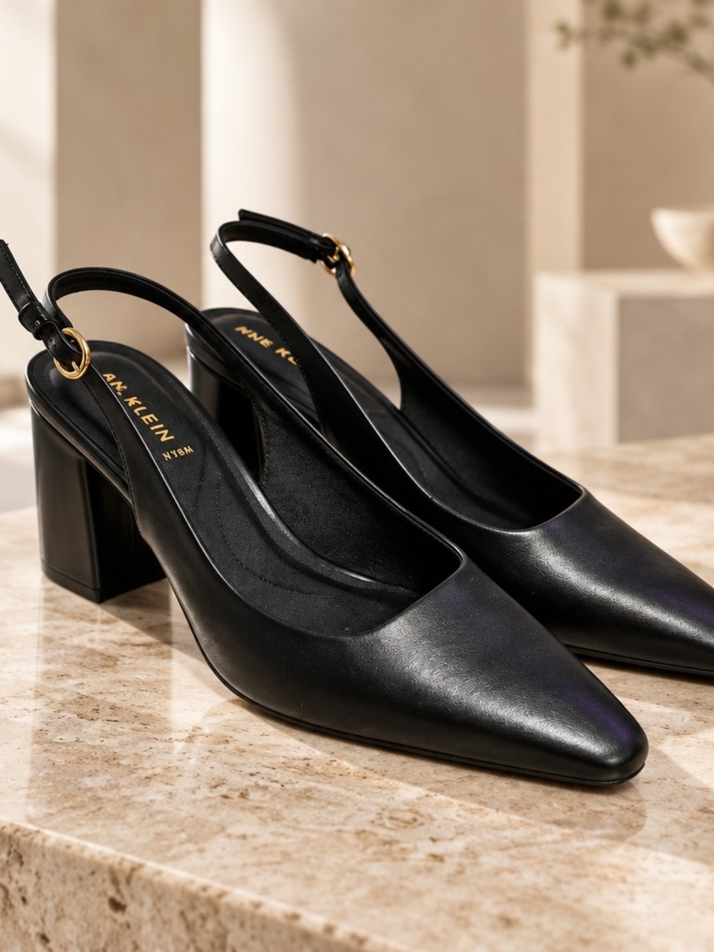 Anne Klein Black Leather Slingback Block Heel Pumps